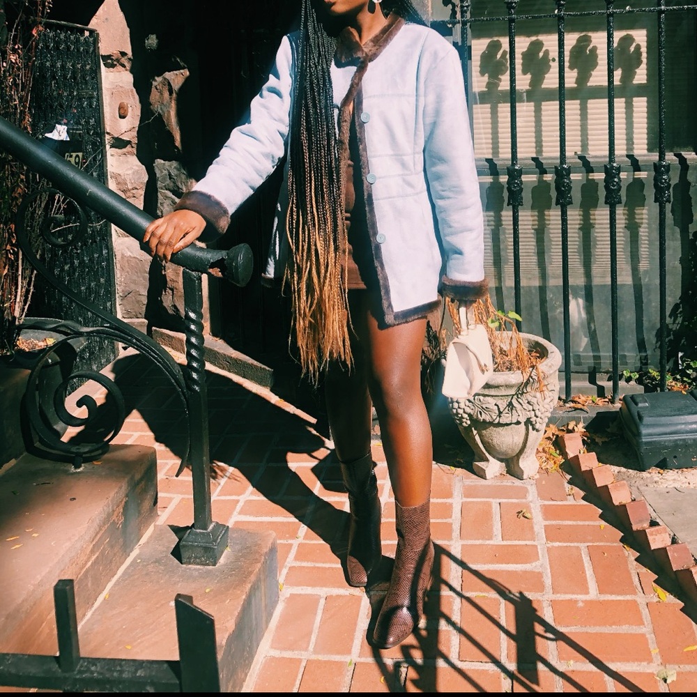 Baby blue suede coat lined with brown faux fur